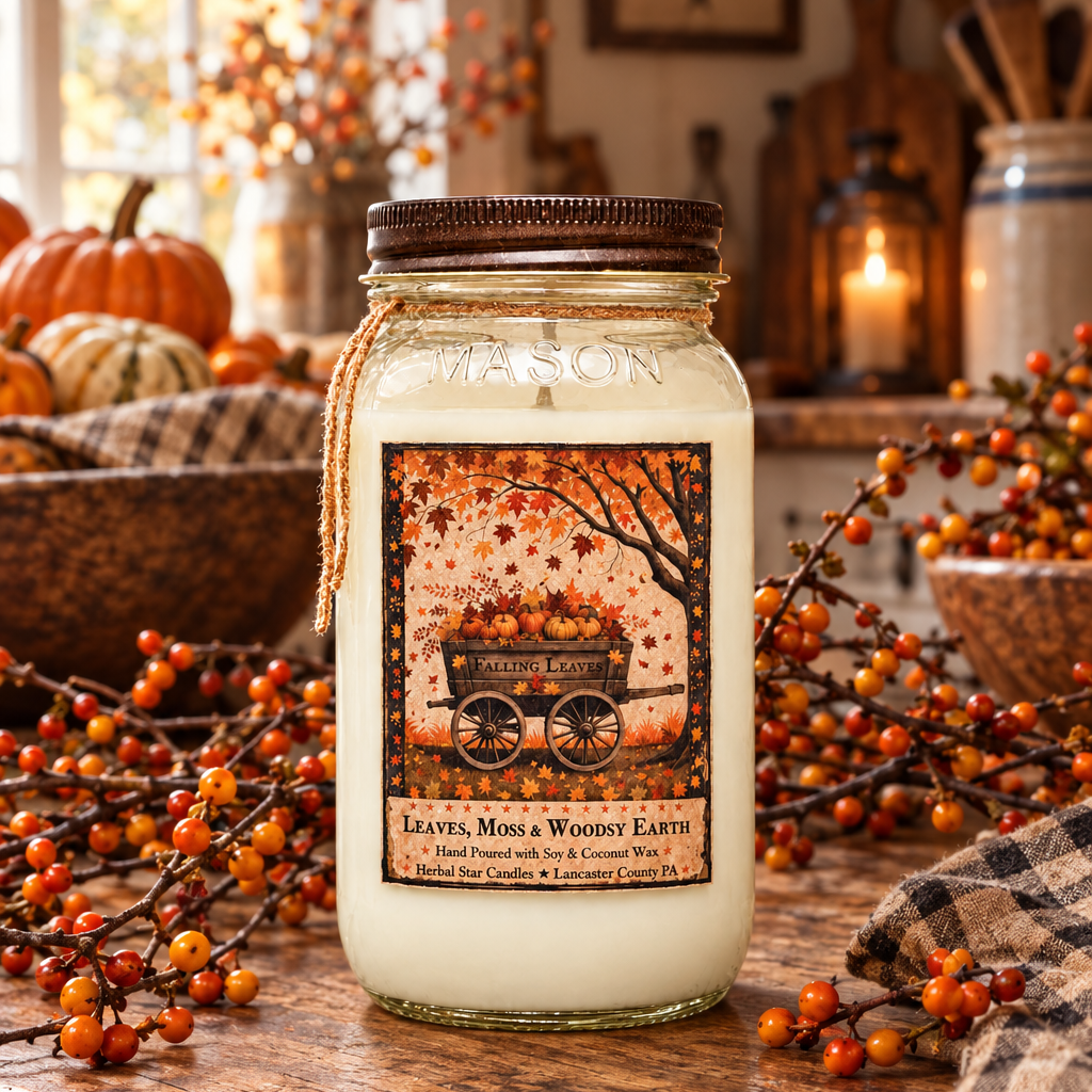 A mason jar candle with a fall harvest illustration on the label, set on a rustic wooden table surrounded by pumpkins, berries, and a plaid cloth in a cozy kitchen setting.
