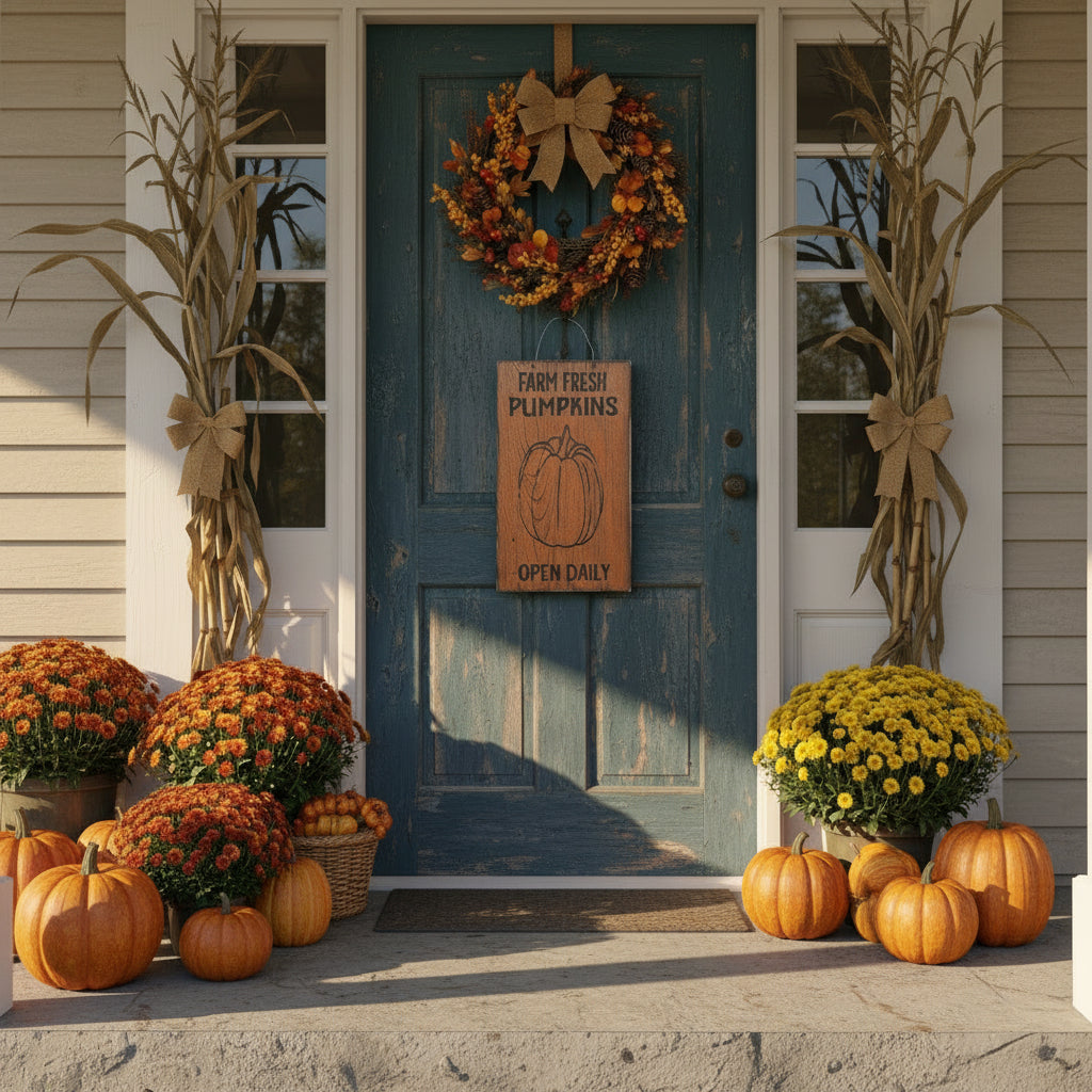 Wooden sign with 'Farm Fresh Pumpkins' text and pumpkin illustration on a rustic wooden surface.