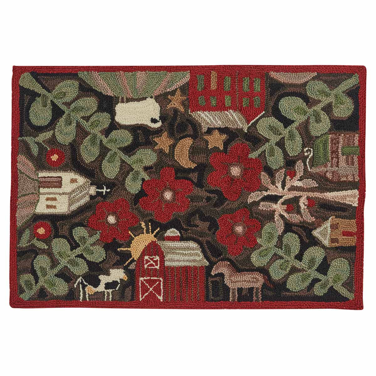 A hooked rug featuring a farm life theme with various farm animals and a rural landscape.