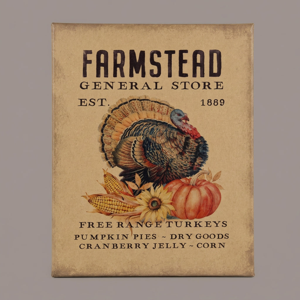 A square decorative sign or print for 'Farmstead General Store' with a vintage turkey, pumpkins, corn, and sunflower illustration on a tan background, photographed against a light wood surface.