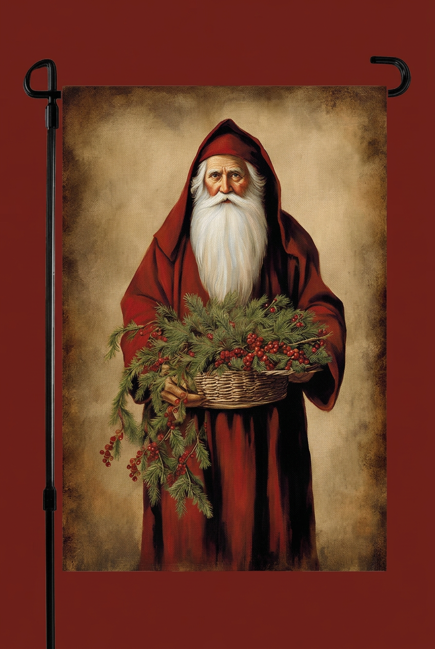 Father Christmas garden flag featuring Santa in a burgundy hooded robe holding a basket of evergreen branches and red berries.