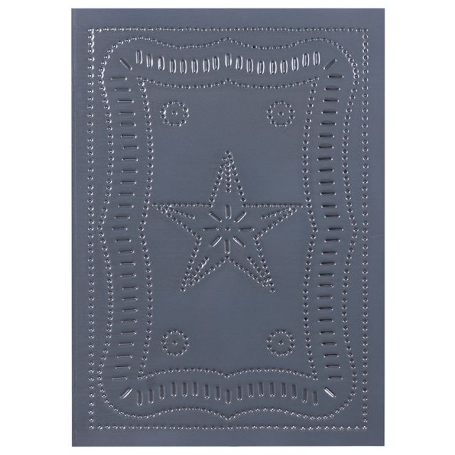 A rectangular metal cabinet door with a geometric star design and a country tin finish.