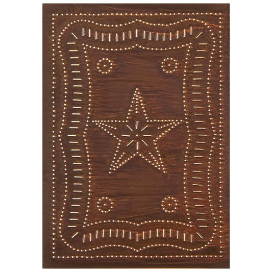 A rustic tin cabinet panel with a vertical federal design, featuring a star in the center and floral patterns around it, pierced with small nails.