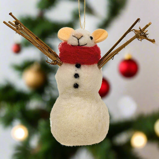 A plush felt snowman ornament with twig arms and a red scarf, designed as a Christmas decoration.