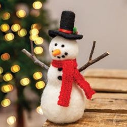 Small snowman figurine with a red scarf and black top hat against a blurred festive background.