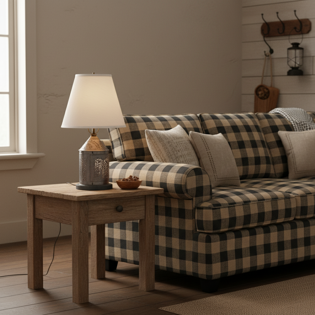 Checkered sofa with a wooden side table and lamp in a cozy living room.