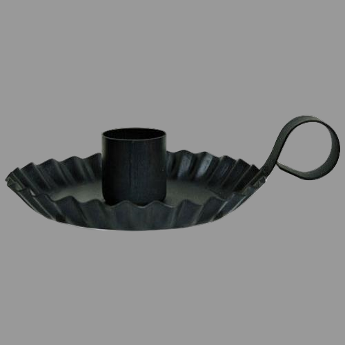 Antiqued tin single taper holder with fluted shallow candle pan and a strap metal handle.