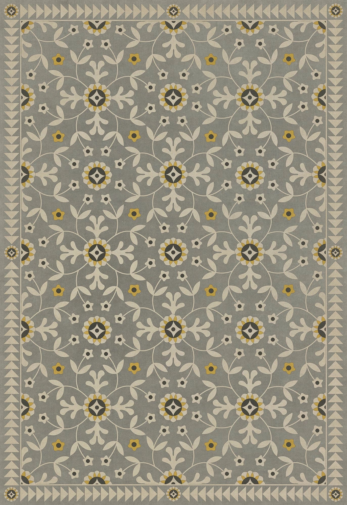 A vinyl floor cloth with a gray background and a floral pattern featuring yellow and white elements.