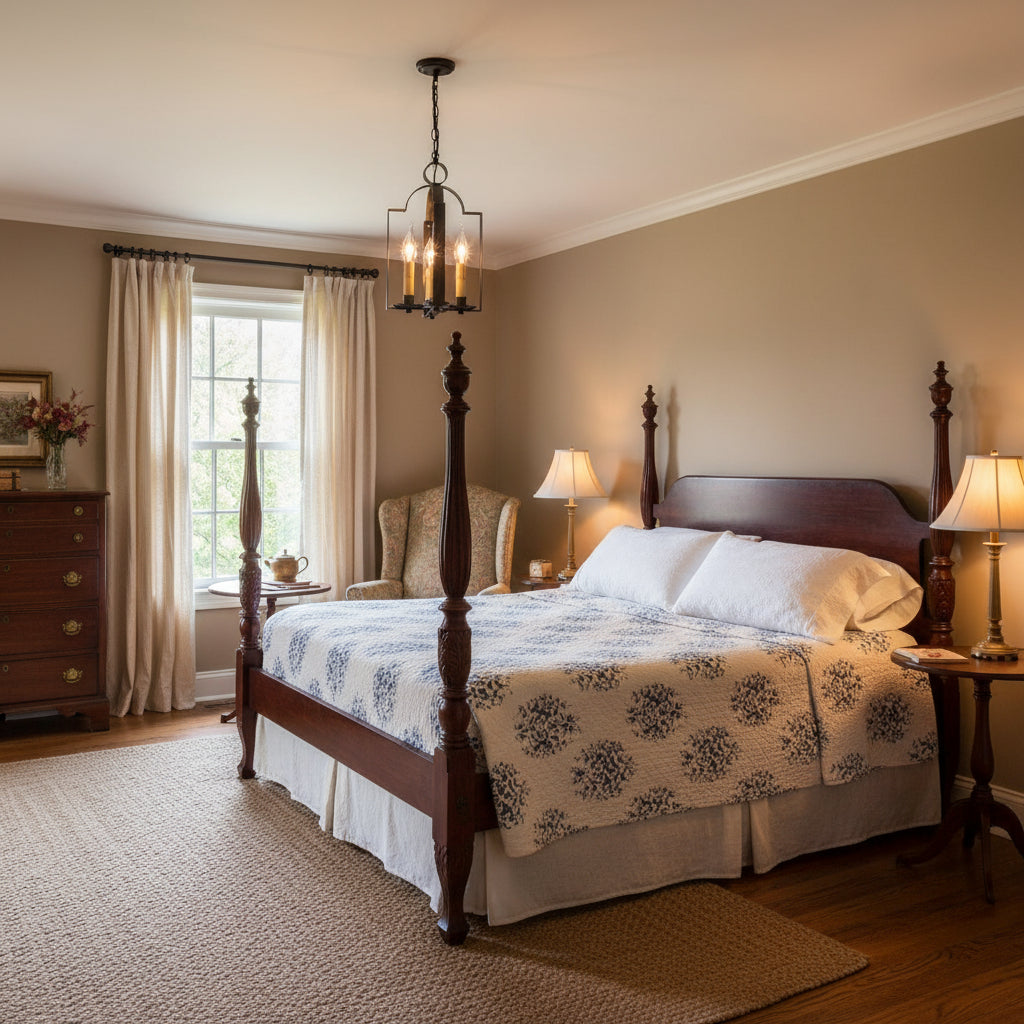 Decorative hanging light with four light bulbs against a white brick wall background