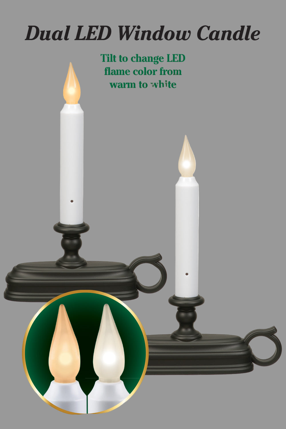 Illustration of battery-operated window candles with dual LED flame tips that can be tilted to change the flame color from warm to white. Includes an inset image showing the LED flame in both warm and white colors.
