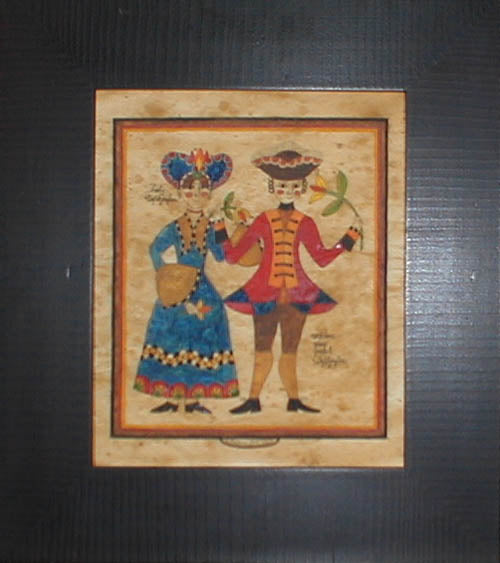Framed print of a couple dressed in colonial clothing who resemble George and Martha Washington
