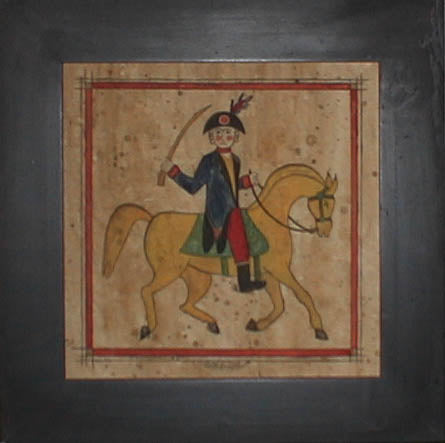 A fraktur print featuring an illustration of George Washington on horseback, with a red jacket and blue pants, against a beige background with a decorative border.