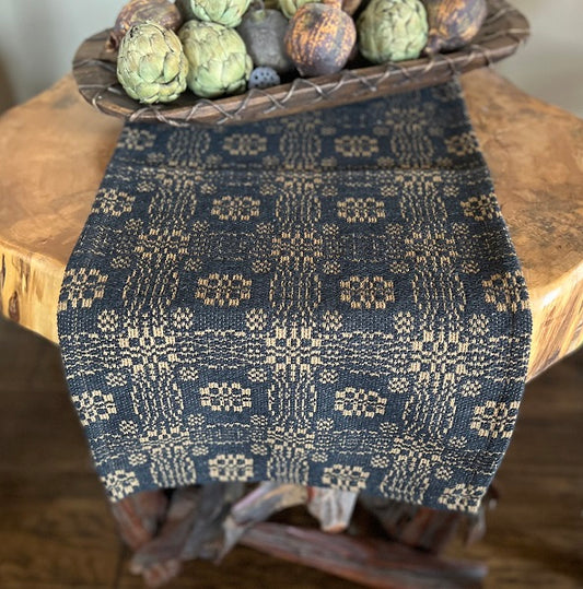 A short table runner with a black and mustard geometric pattern, displayed on a wooden table with a collection of nuts and a decorative bowl.
