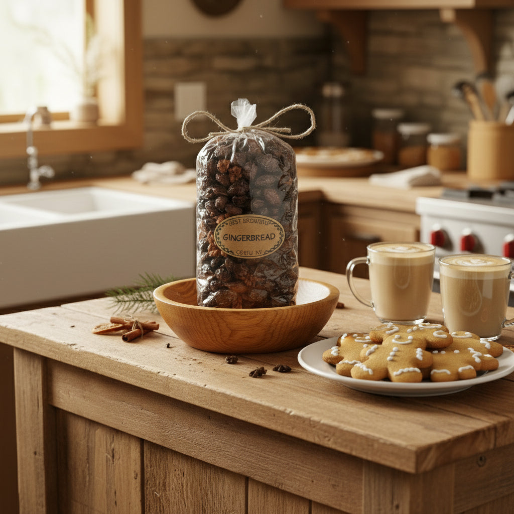 Bag of gingerbread potpourri on a wooden table with cookies and coffee in a kitchen setting