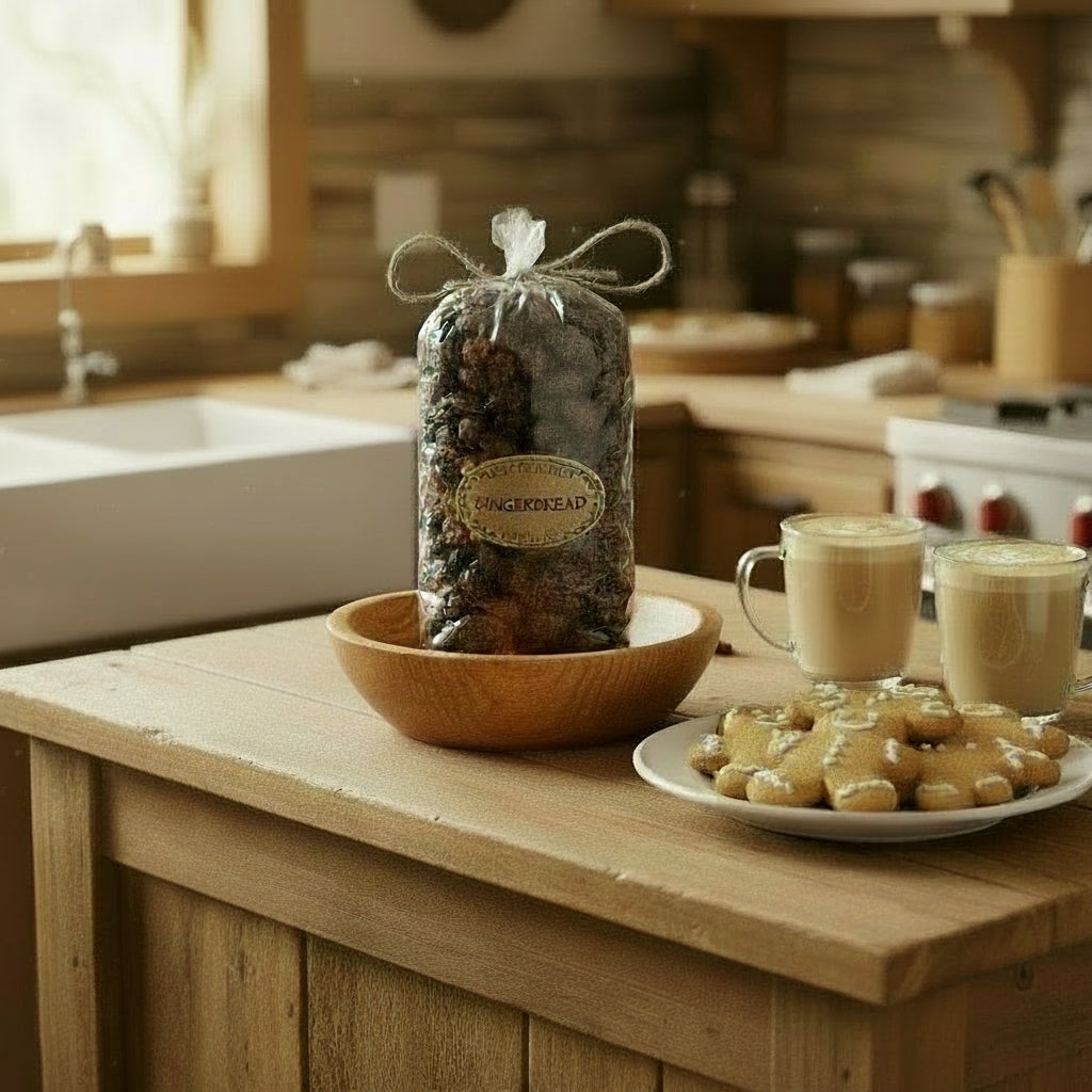 Bag of gingerbread potpourri on a wooden table with cookies and coffee in a kitchen setting