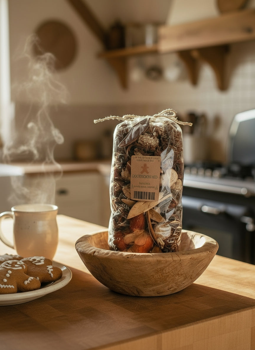 Wooden bowl with a bag of dried botanicals on a kitchen counter with a cup and cookies.