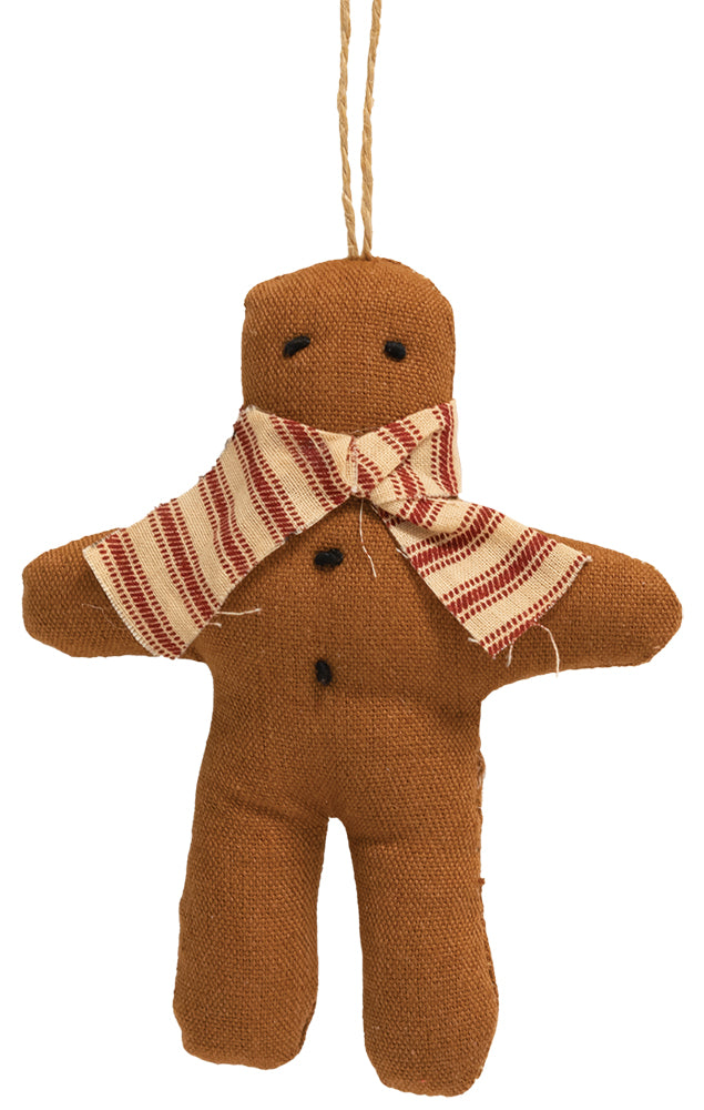 Gingerbread man with red ticking scarf on a string on a white background.