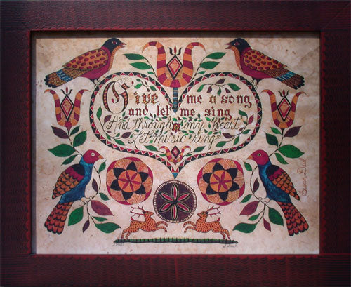 A signed and numbered limited edition fraktur print featuring a heart-shaped design with birds and floral patterns on a beige background, housed in a wooden frame.