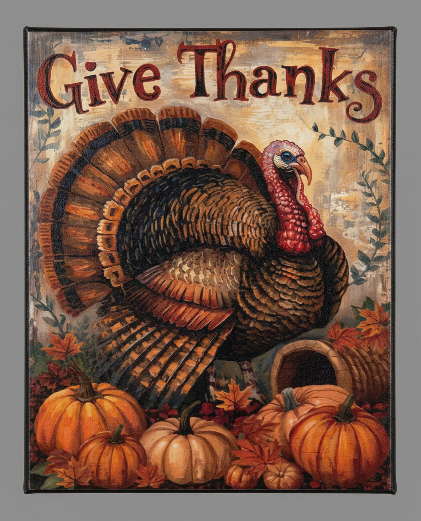 Give Thanks canvas print featuring a turkey with fanned tail feathers, pumpkins, autumn leaves, and a cornucopia on a rustic cream background.