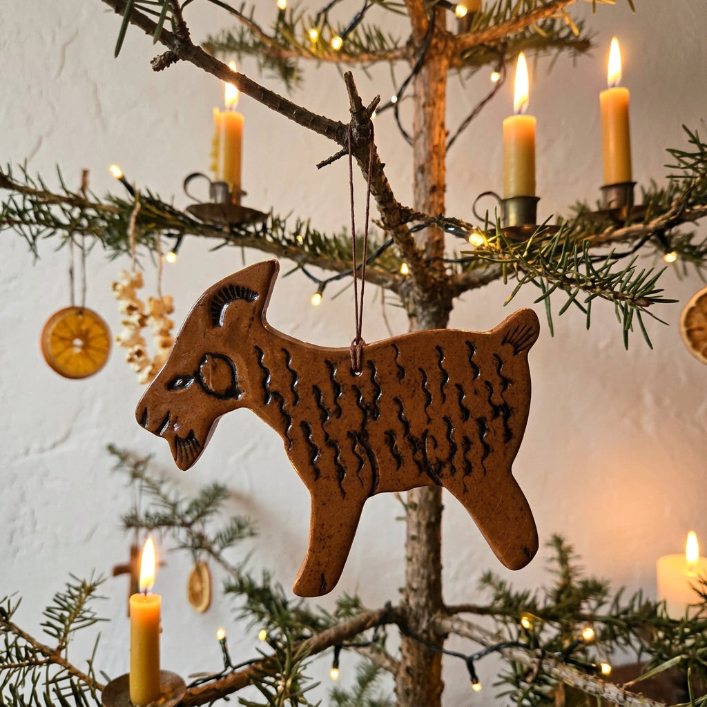 Goat-shaped redware ornament with a glossy brown glaze, dark wavy markings, curved horn, and hanging cord.