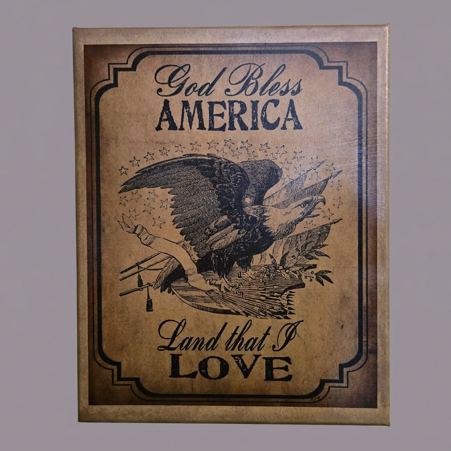 Vintage-style poster with an eagle and text 'God Bless America Land that I Love' on a brown background.