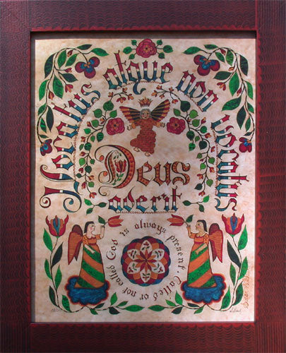 A signed and numbered limited edition fraktur print featuring floral patterns, angel motifs, and religious text on a tiger maple background.