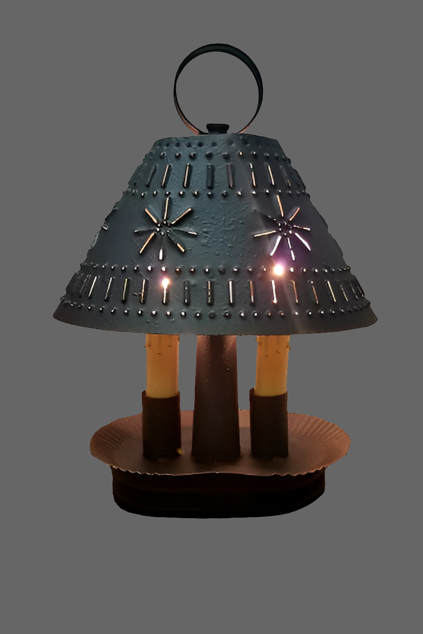 A textured black oval double light with a mushroom-like top and two candelabra sockets at the base, set on a circular brown base.