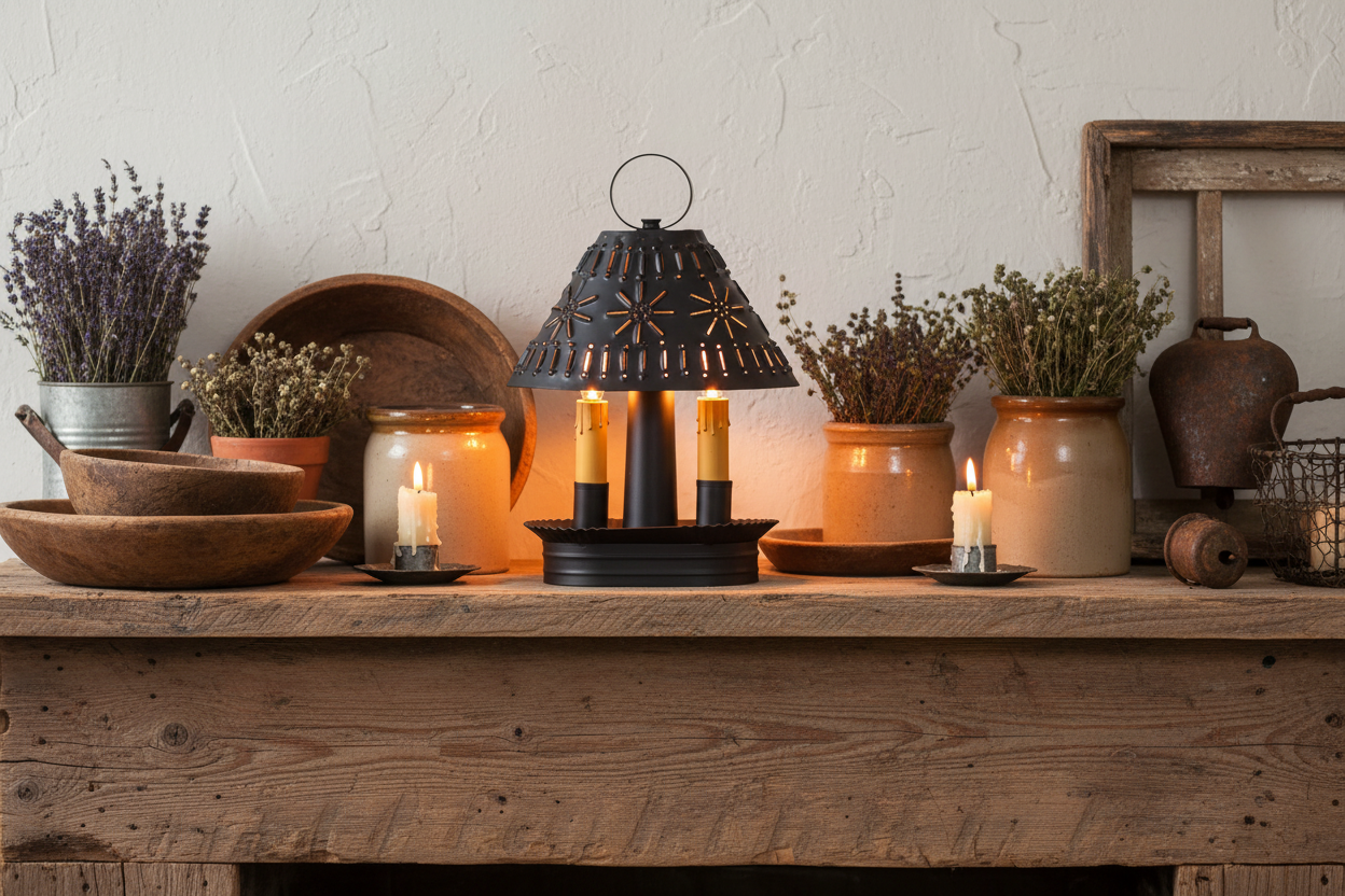 Decorative setup with a lantern, candles, and plants on a wooden surface.