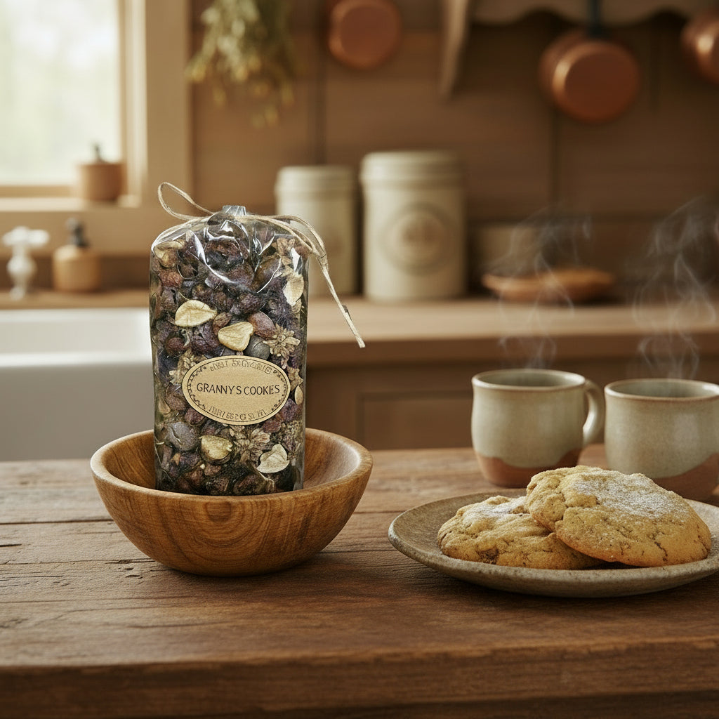 Bowl of potpourri with a bag labeled 'Granny's Cookies' on a wooden table with steaming mugs and cookies.