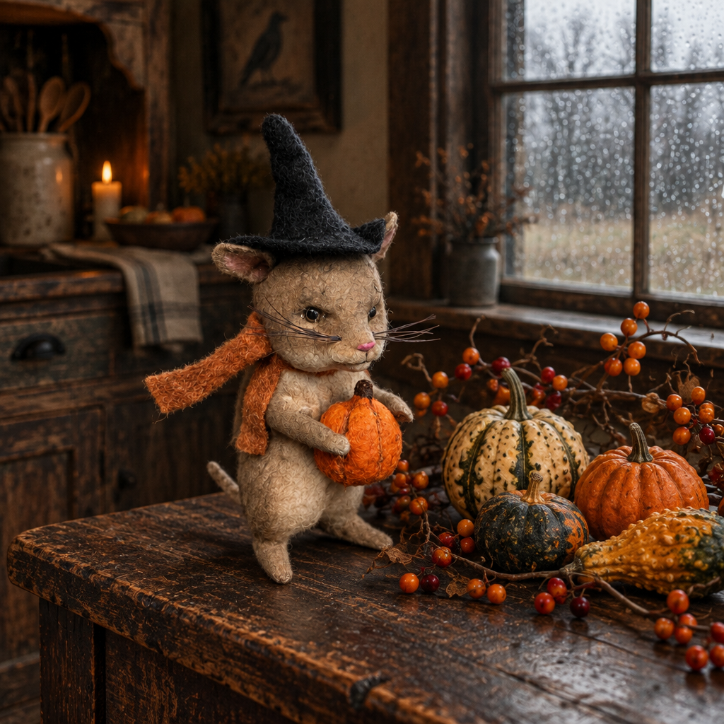 Papier mache mouse with witch's hat and pumpkin next to miniature gourds and bittersweet in a primitive kitchen on a rainy day.