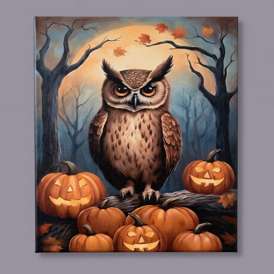 A square canvas painting of an owl perched on jack-o'-lantern pumpkins in a spooky forest scene with bare trees and a full moon, displayed on a wooden surface with dried autumn decor around it.