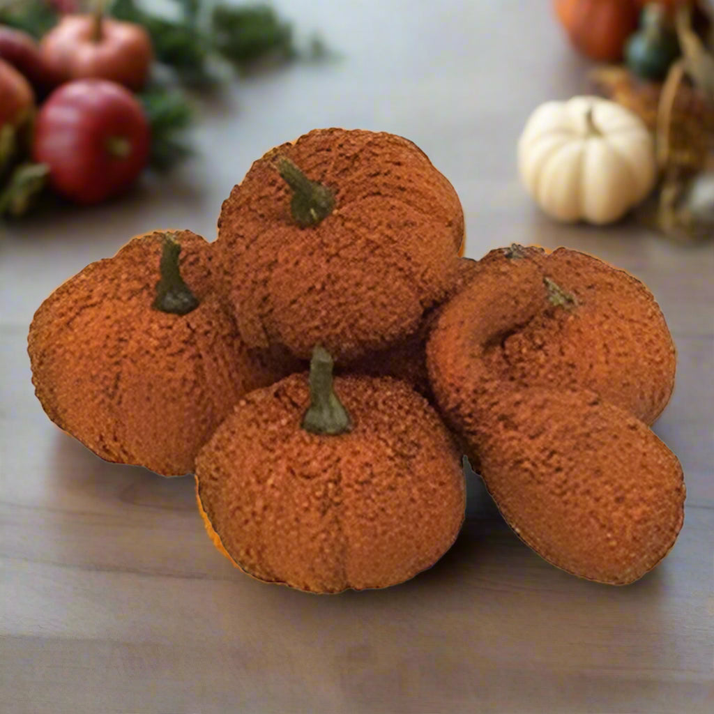 A set of five deep orange artificial pumpkins and gourds with a textured finish, placed in a clear protective case with a raffia bow on top.