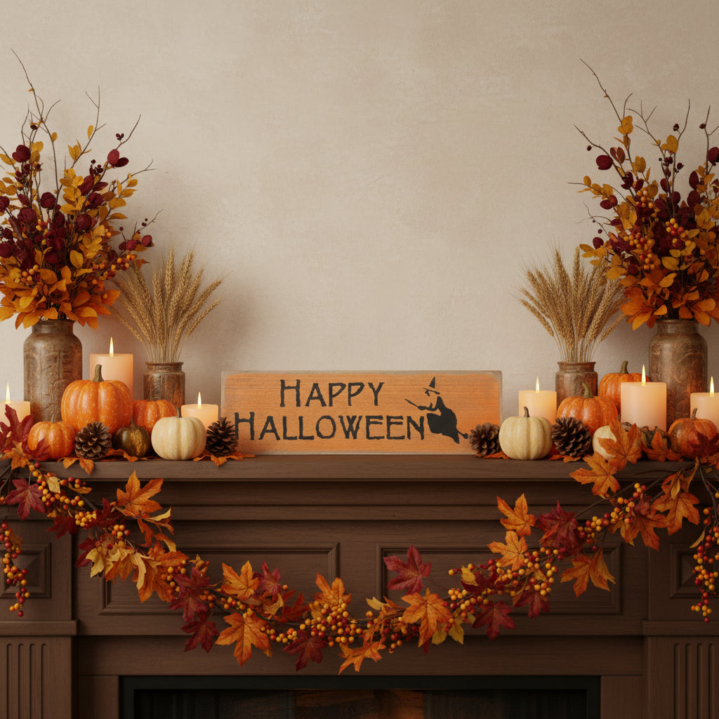 Decorative Halloween sign with 'Happy Halloween' text and a witch on a broomstick, placed against a wooden wall.