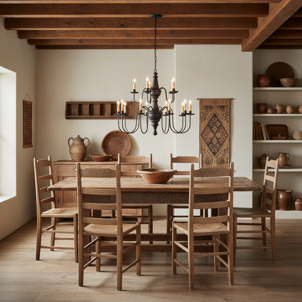 Black chandelier with multiple candle-style lights hanging in primitive dining area over table.