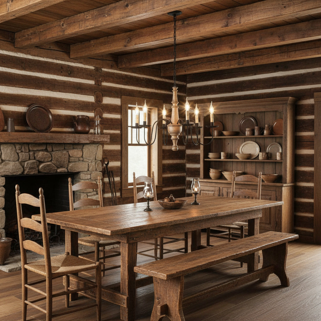 Wooden chandelier with six candle-style lights hanging in log cabin home over table.