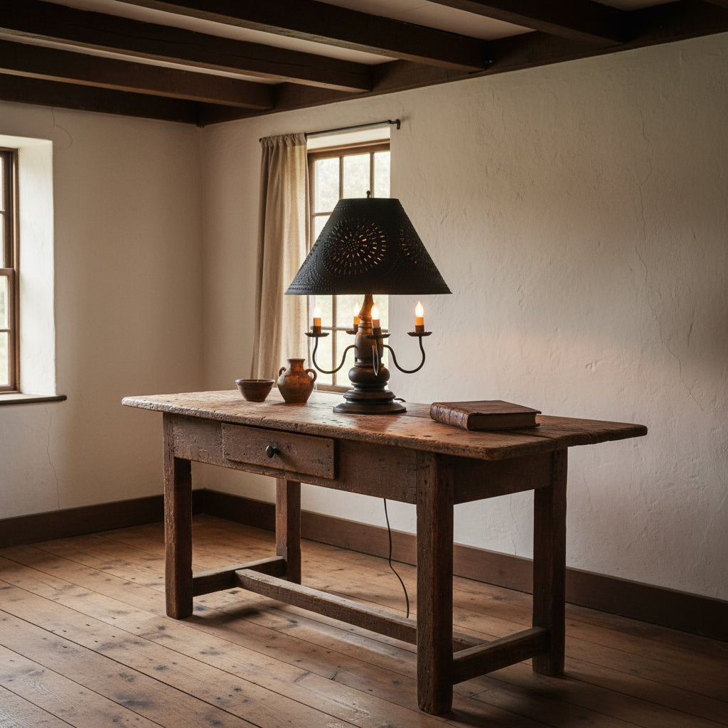 Decorative table lamp with a black perforated shade on a white brick wall background.