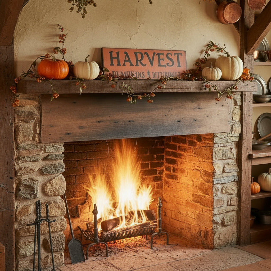Decorative sign with 'Harvest Pumpkins Bittersweet' text next to a black box with dried plants on a wooden surface.