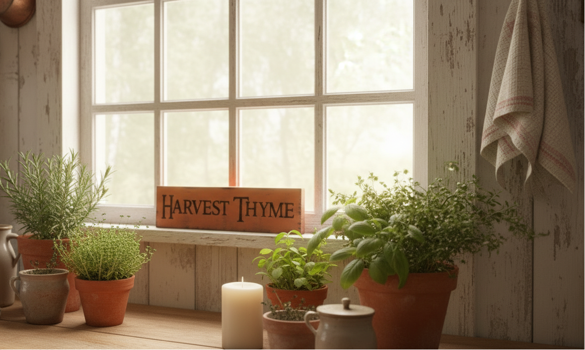 Kitchen counter with potted plants and a 'Harvest Thyme' sign, natural light coming through a window.