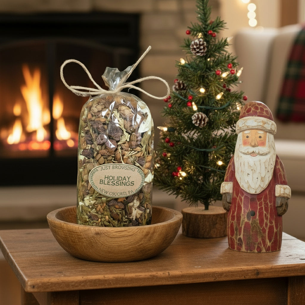 Bag of 'Holiday Blessings' with a wooden bowl and Santa figurine on a table in front of a fireplace.