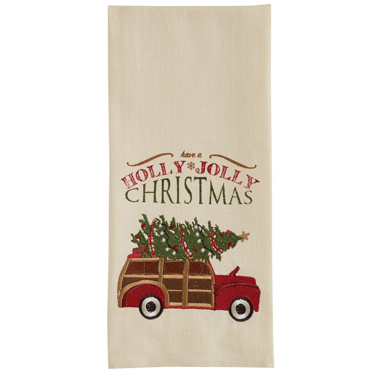 A beige embroidered dishtowel with 'Holly Jolly Christmas' text and a decorative holiday-themed design featuring a red and white vintage car.