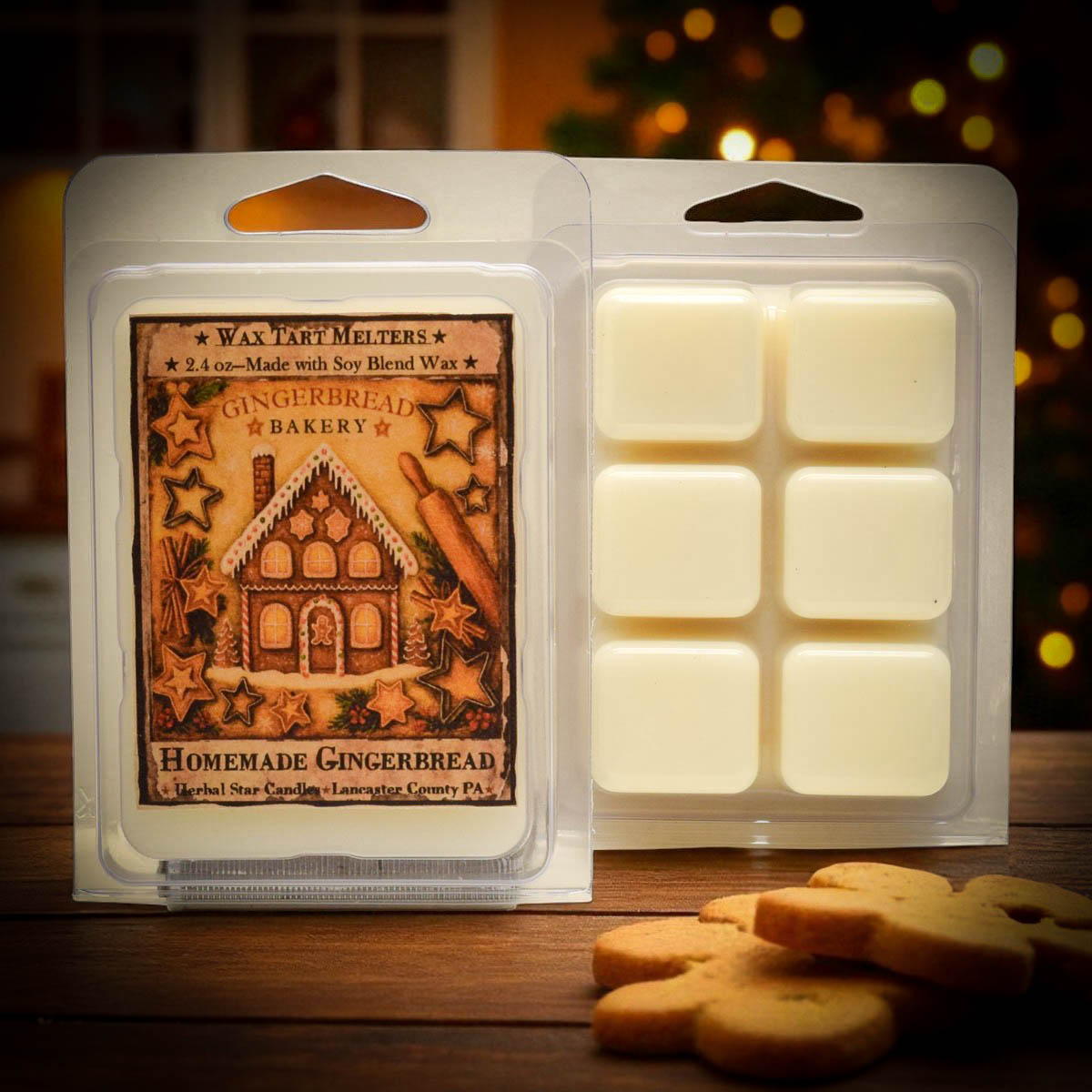 Packaged wax melts with gingerbread theme on a wooden surface