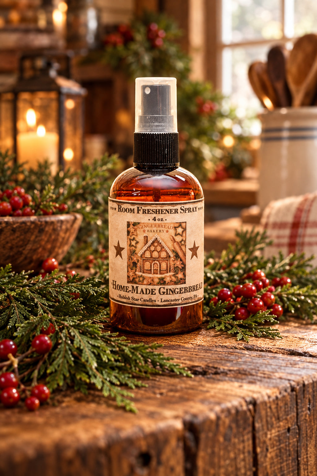 Room freshener spray bottle labeled 'Home Made Gingerbread' on a wooden surface with blurred background