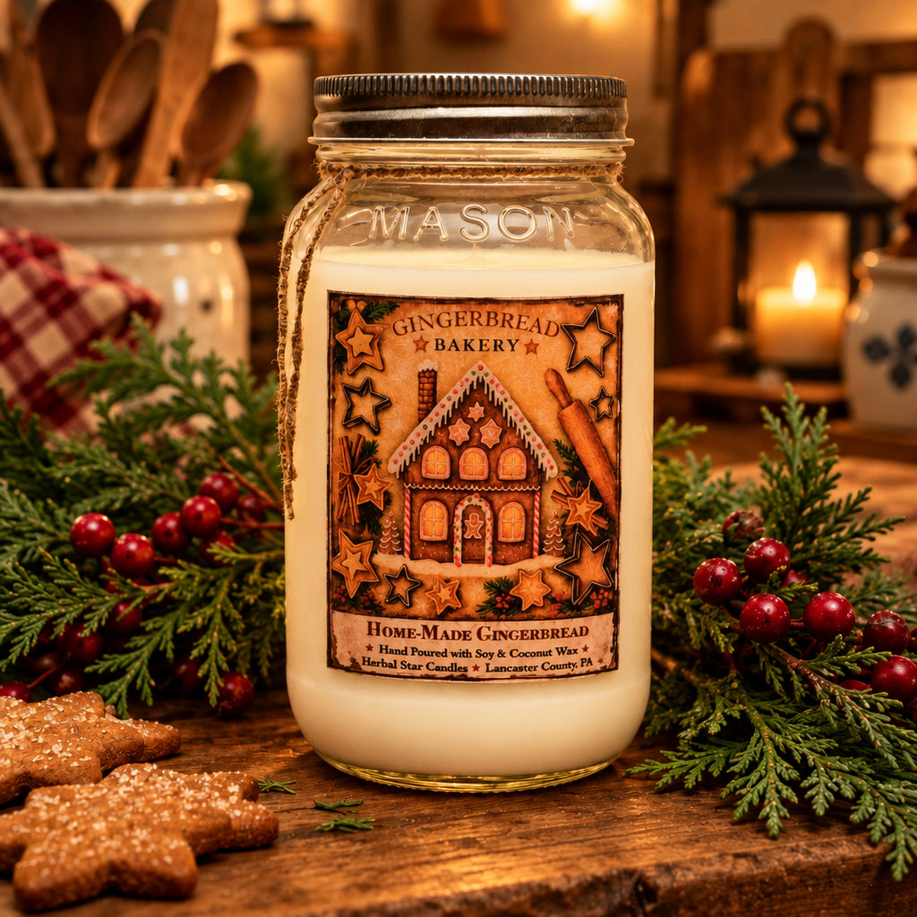 Gingerbread-themed candle in a jar with star-shaped cookies on a wooden surface.
