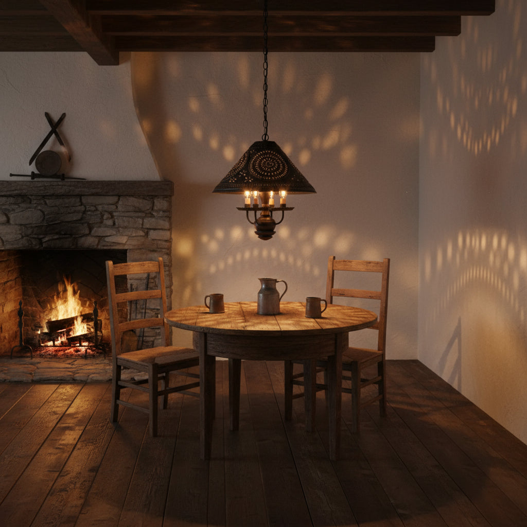 Hanging light with four candelabra bulbs with pierced tin shade in black hanging over small round table near fireplace.