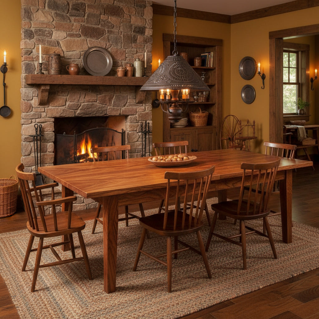 Primitive hanging light with punched tin shade with chisel design with four candelabra bulbs hanging over table in primitive dining room.