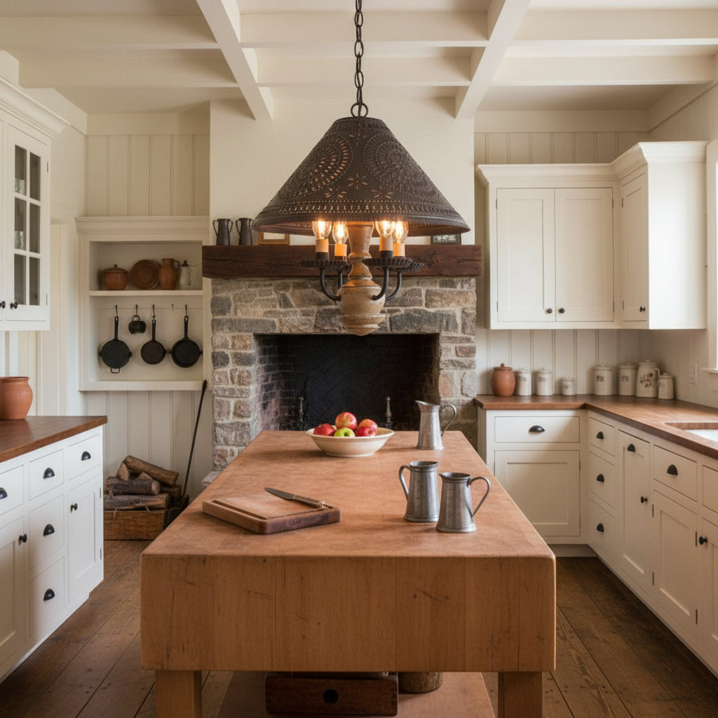 A rustic chandelier with a textured metal shade and wooden elements, featuring four light bulbs hanging in primitive kitchen over island.