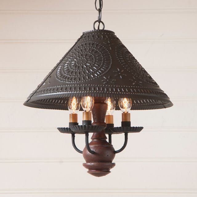 Homespun hanging light in plantation red with pierced tin shade and four candelabra bulbs