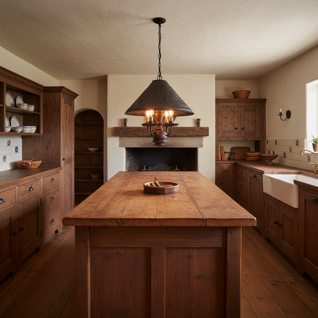 Homespun hanging light in plantation red with pierced tin shade and four candelabra bulbs hanging over island in primitive kitchen.