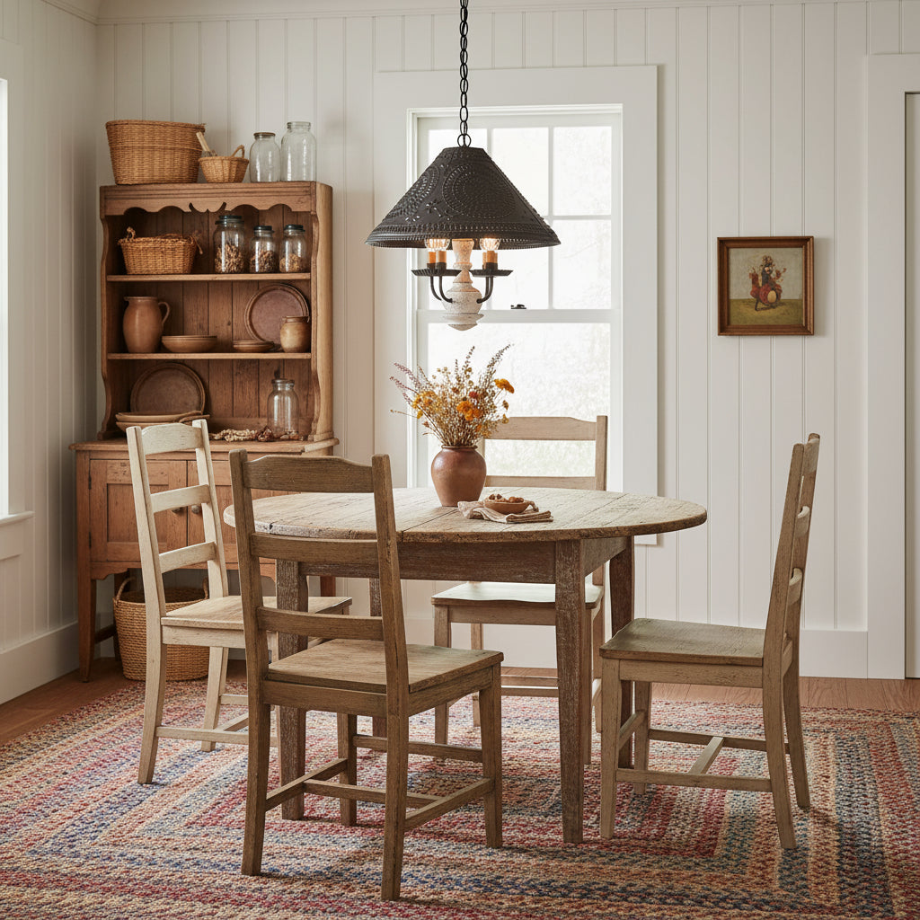 Hanging light with four candelabra bulbs and chisel pierced tin shade with vintage white paint hanging in farmhouse dining room.