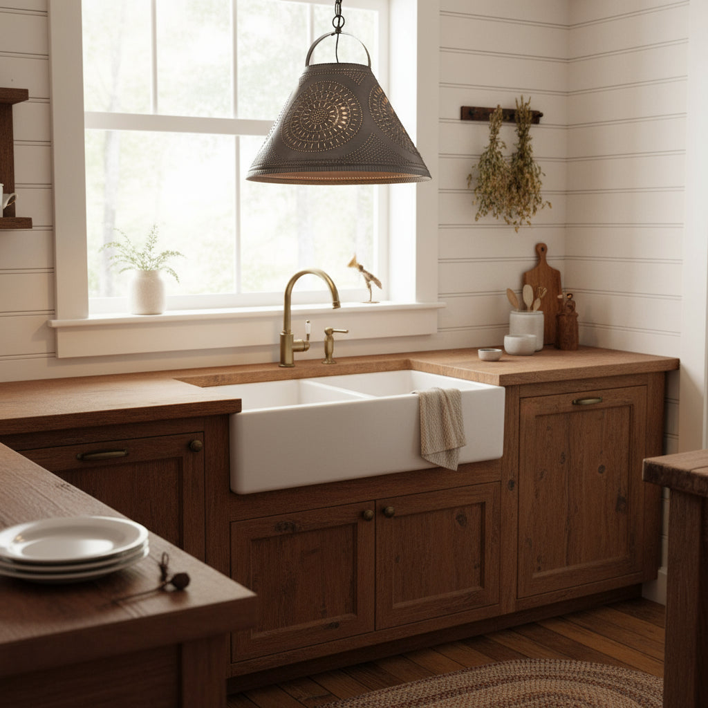 Decorative pendant light with intricate design on a neutral background